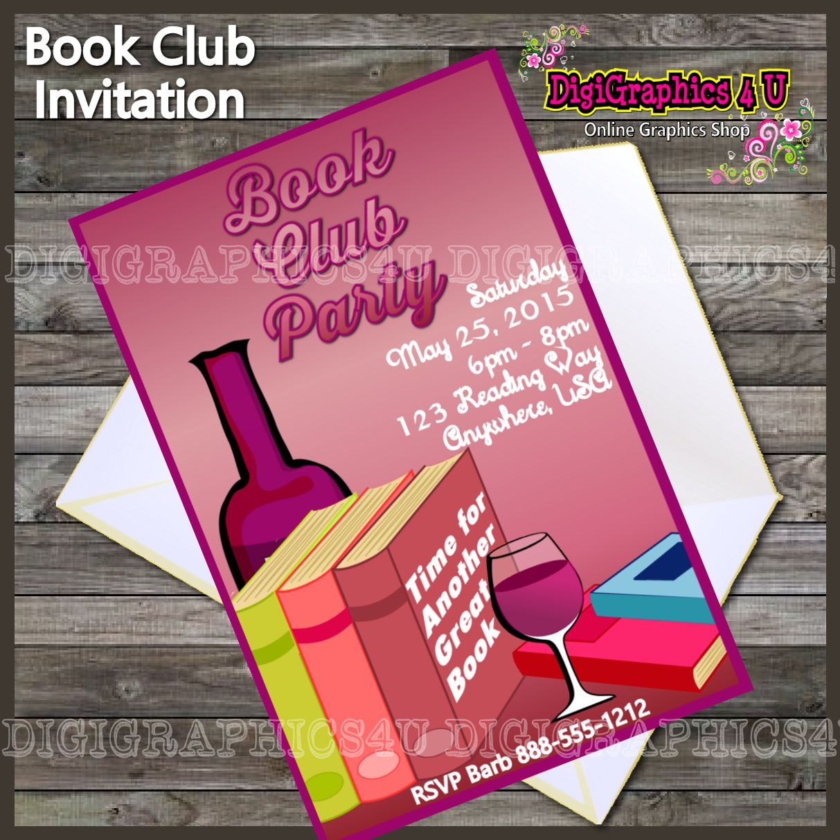 Printable Book Club Party Invitation Digital by DigiGraphics4u