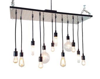 Industrial Chandelier: Diamond Plate, Industrial Lighting, Edison Bulb Chandelier, Man Cave, Muscle Cars, Urban Chandelier,