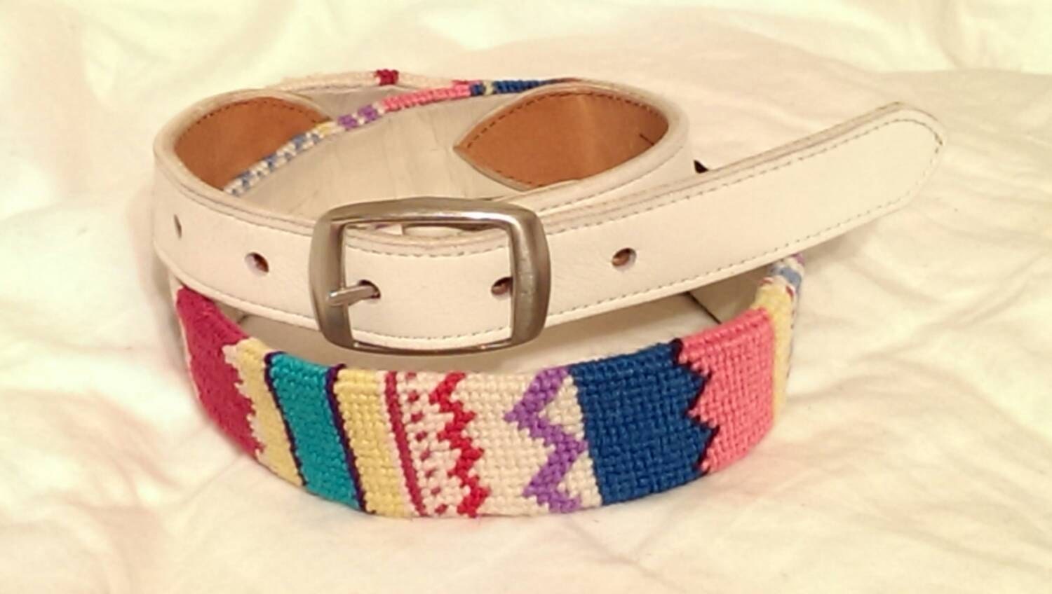 Needlepoint Belt White Leather High Waist Red Pink Green Blue