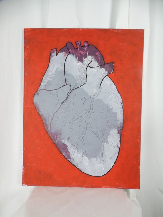 vintage anatomical heart acrylic paint and ink pen on canvas