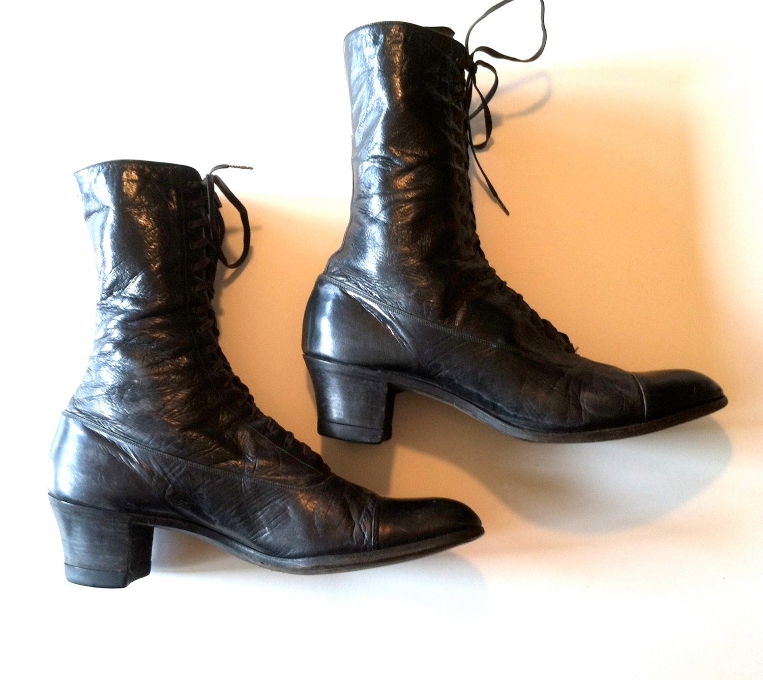 antique Black Leather Lace Up Cap Toe Boots 1800s Victorian