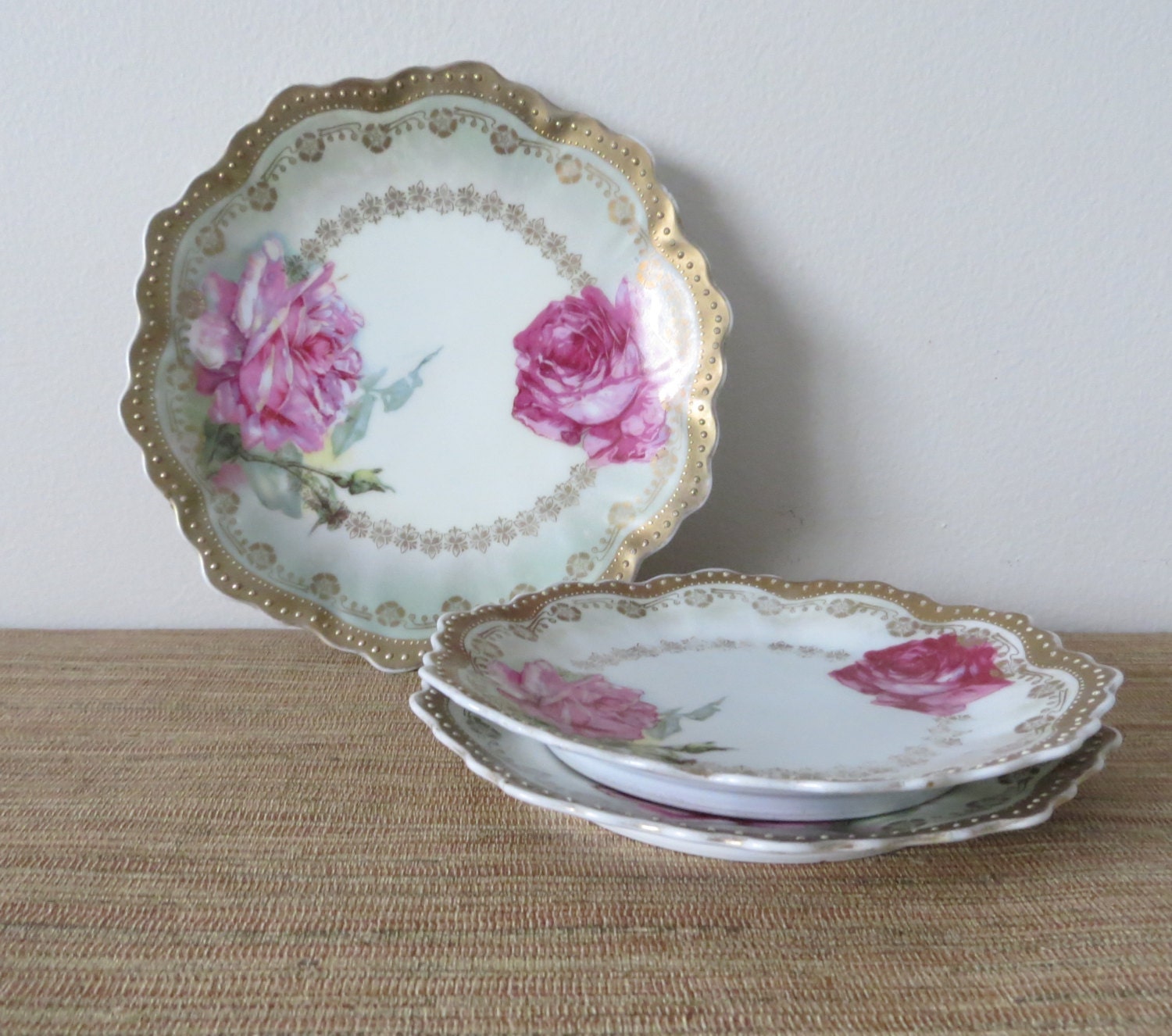 Antique Bavaria Fine China Plates Set of 3 Pink Cabbage