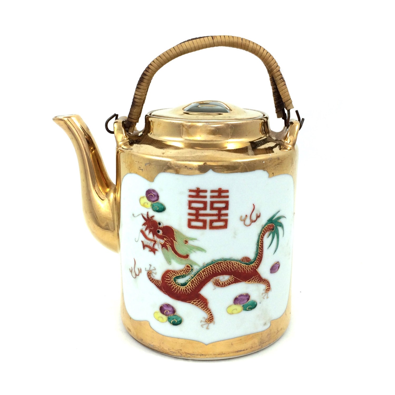 Vintage Asian Dragon Teapot with Gold Gilt & Trim