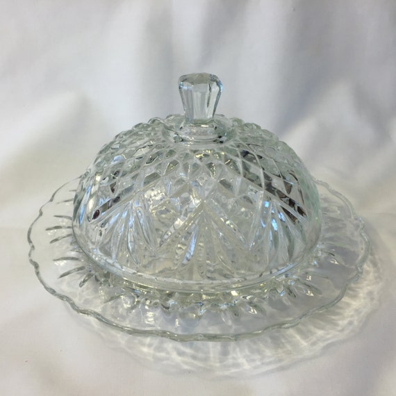 Vintage Round Pressed Glass Covered Butter Dish by VintageFantacy