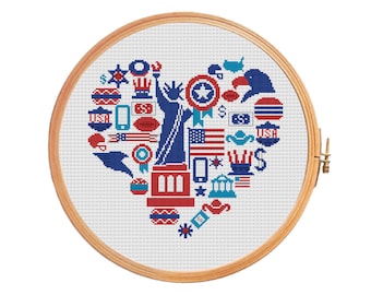 Sampler Heart USA - Cross stitch pattern - independence day Statue of Liberty Sheriff iPhone New York Los Angeles Chicago Houston Boston