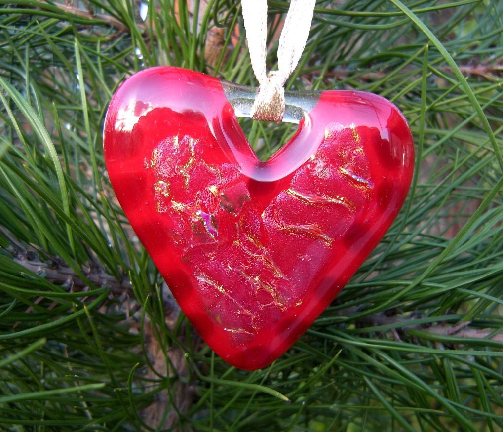 Fused Glass Heart Christmas Ornament - Red Glittery Dichroic Glass - Christmas Gift, Holiday Decor, Sun Catcher, Xmas Tree Decor