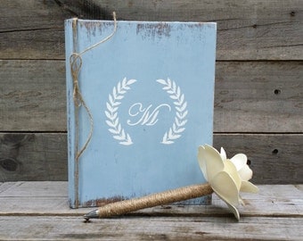 Personalized Rustic Wedding Guest Book with Twine Wrapped Flower Pen, Bridal Wedding Gift, Distressed Guest Book, Wedding Advice Book,
