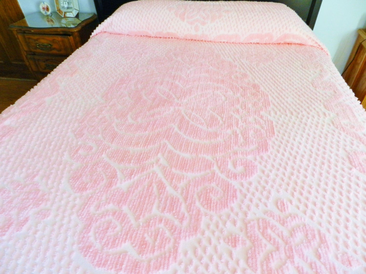 1960s Chenille Pink Chenille Bedspread Pink by DawnsCountryCottage
