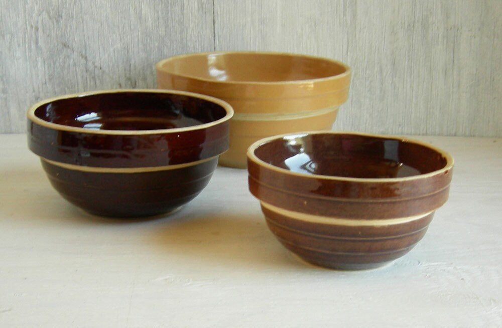 3 STONEWARE BOWLS USA Pottery Brown Vintage Bowl Set Farmhouse