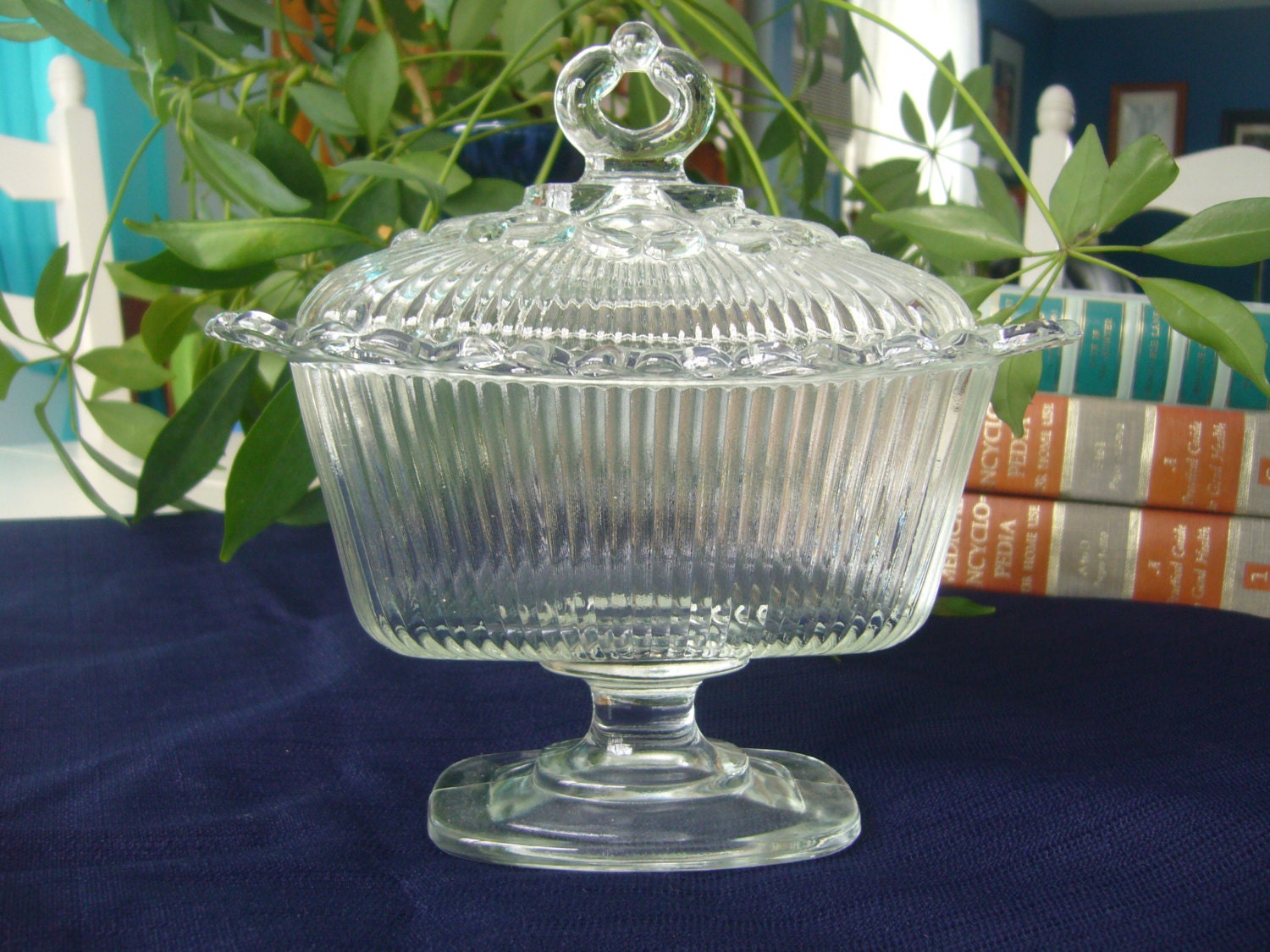 Vintage Clear Glass Pedestal Covered Candy Dish.