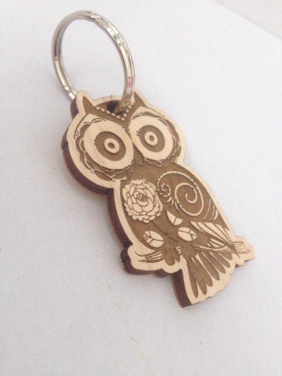 Engraving owl on wooden keychain by ArtLaserCut on Etsy