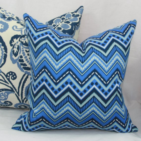 Items similar to Blue chevron indoor/outdoor throw pillow cover. 16