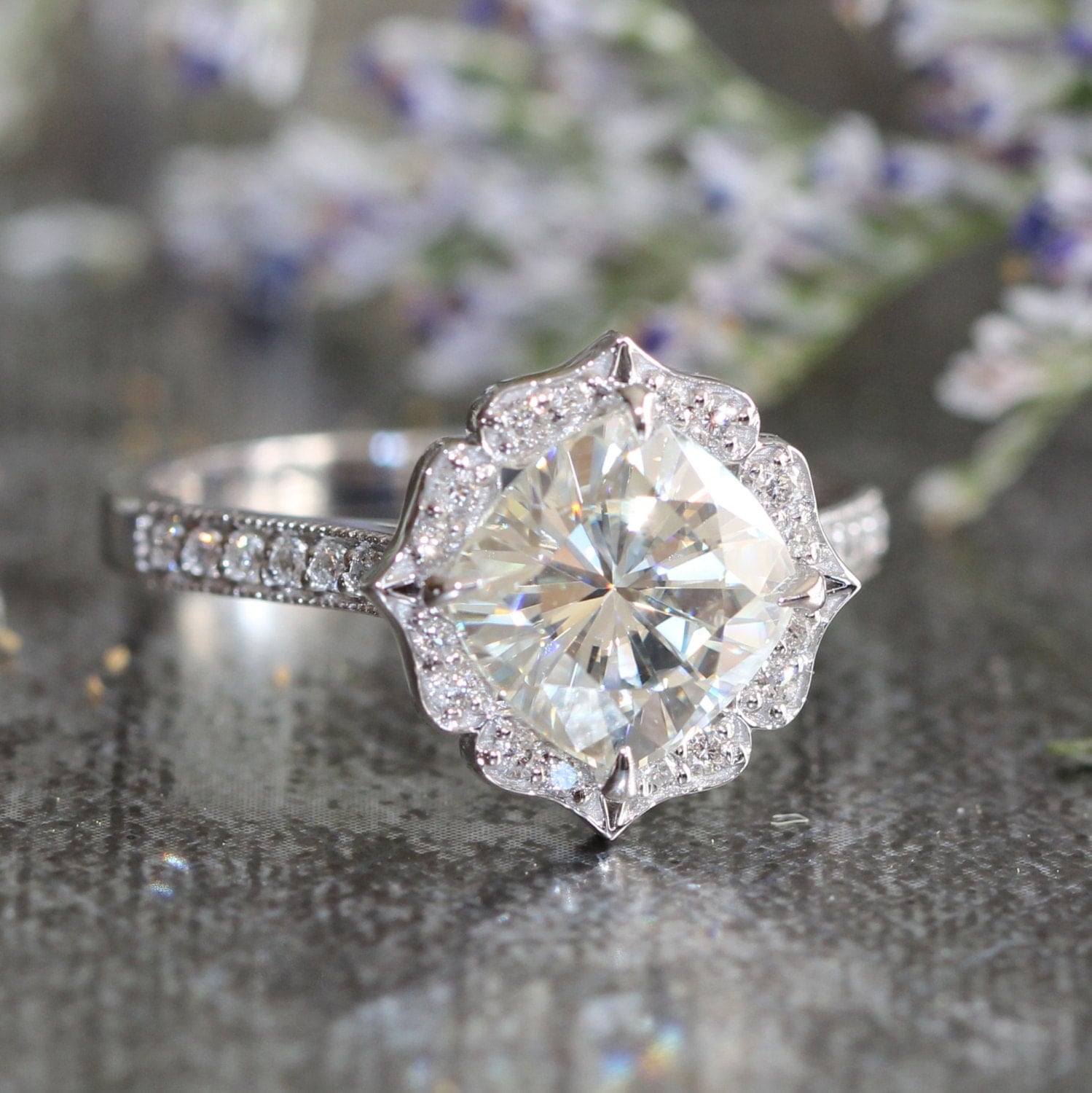 Vintage Inspired Floral Moissanite Engagement Ring By Lamoredesign