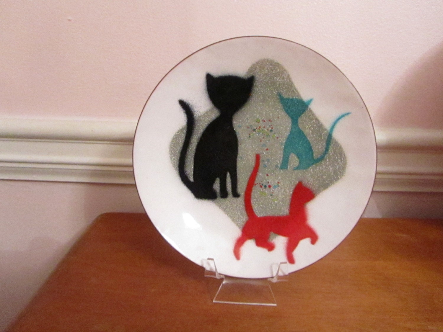 Mid Century Modern Retro Atomic Enamelware Cat Plate