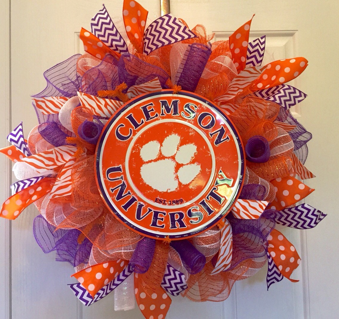 Clemson inspired deco mesh wreath, Purple and orange deco mesh wreath, front door wreath, sports wreath