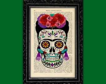 Sugar Skull FRIDA KHALO Girl Print Dia de los Muertos Poster Dorm Room catrina skulls print Bones Print Poster Dictionary Retro Art (Nº14)