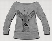 Roebuck Deer Stag Wildlife Art Original Line Drawing Illustration Womens Boatneck Off The Shoulder Sweatshirt Sweater Jumper. Grey.