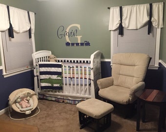 Boys Nursery, Nursery Window Treatments, Window Valance, Tie Up Valance, White and Navy Blue Valance
