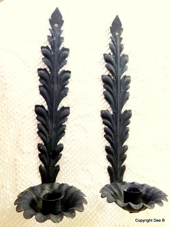 Metal Candle Holders Wall Sconces pair Leaf pattern Black