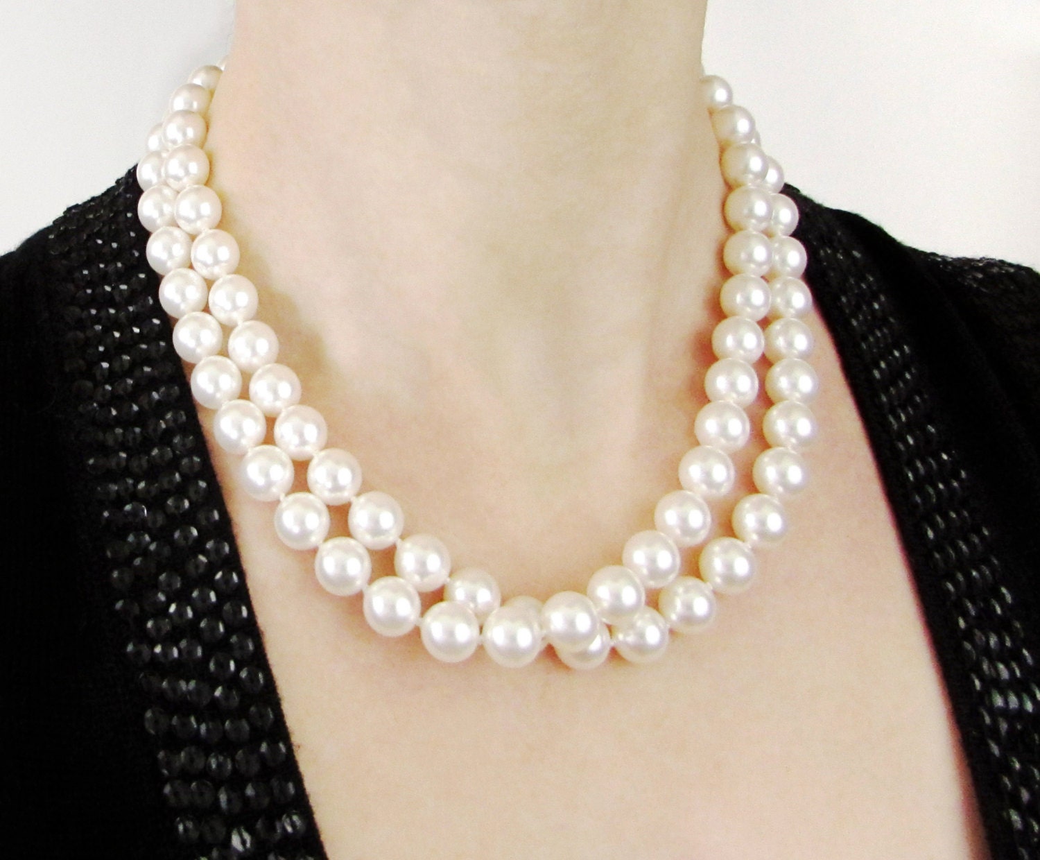 Hand Knotted Double Strand Pearl Necklace Glass Pearl