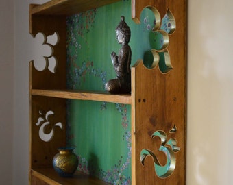 Country Cottage Wall Mounted Shelving Unit carved OM Sign in side panels Hand Painted Flowers & Gold Highlights Handcrafted to Order