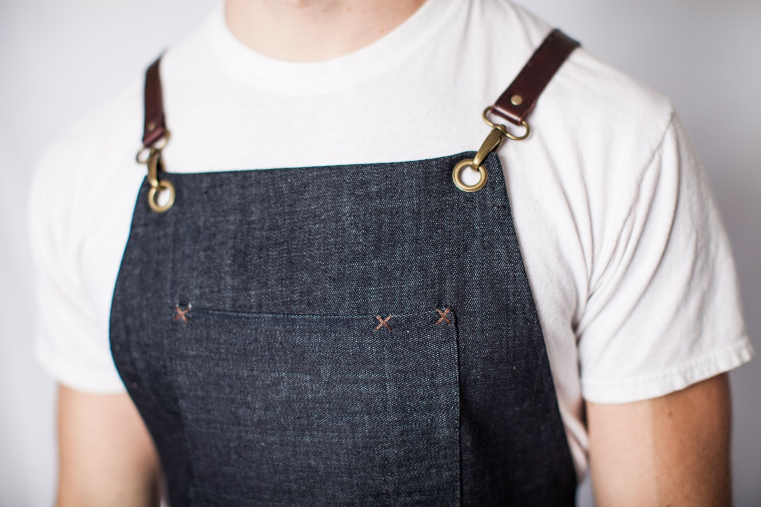 Denim and Leather apron towel bar leather cross straps