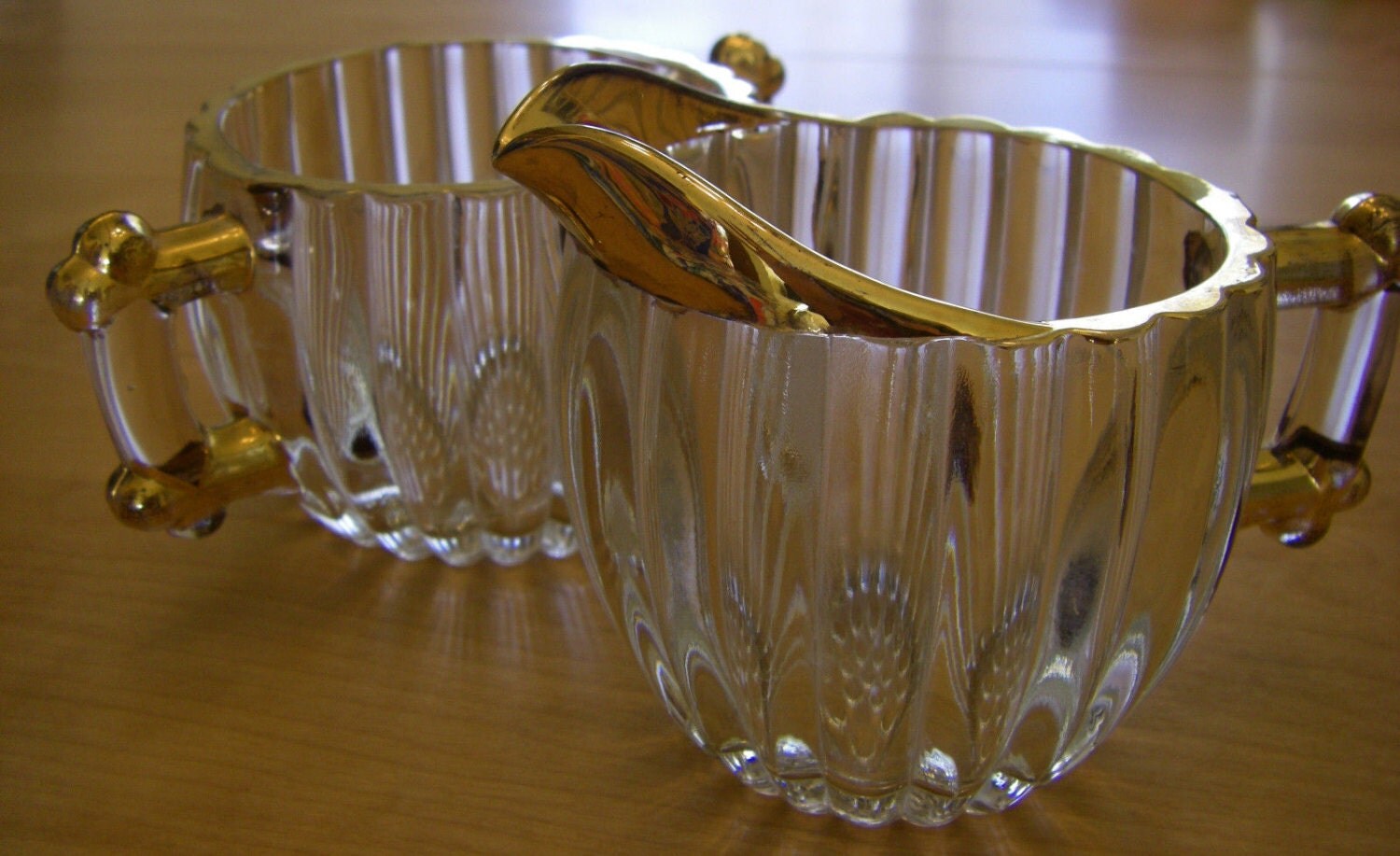 Vintage Cream and Sugar Set, Gold Rimmed, Heavy Ribbed Pattern Haute