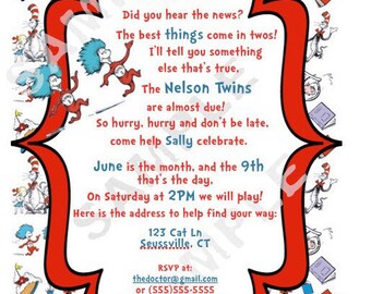 Set of 10 Dr. Seuss Baby Shower Invitations Twin Thing 1 & Thing 2 themed Physical Item Not Digital Download