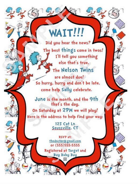 Set of 10 Dr. Seuss Baby Shower Invitations Twin Thing 1
