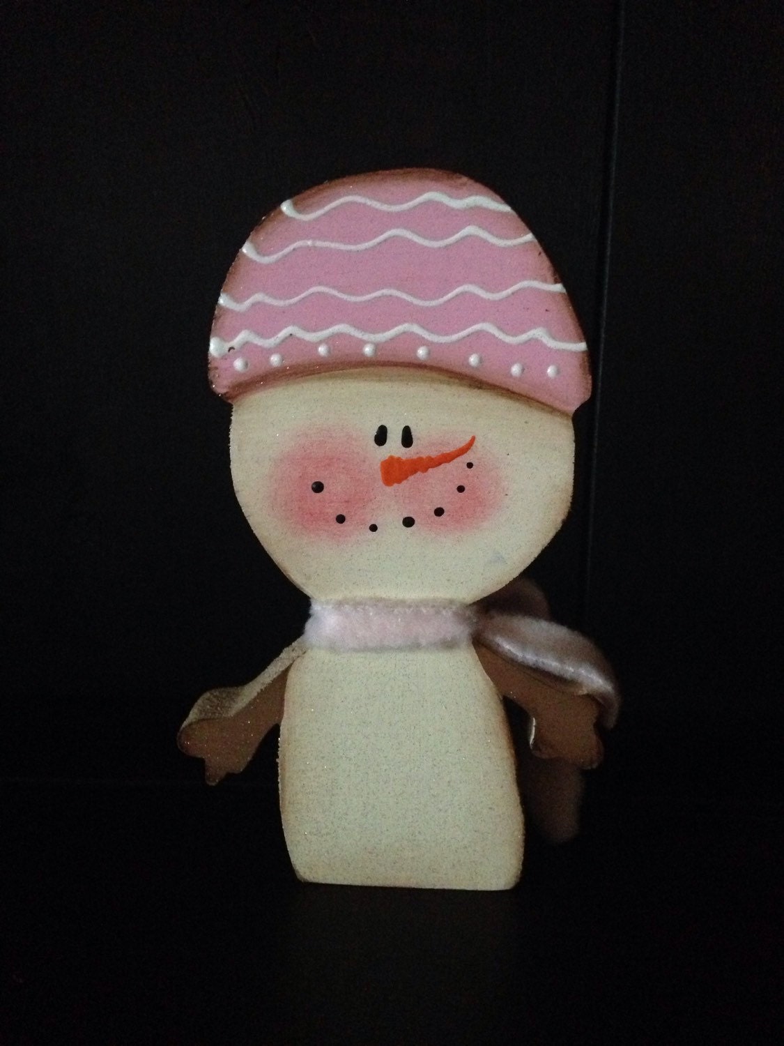 Pink snowman. Shelf or mantle sitter. Personalized free.