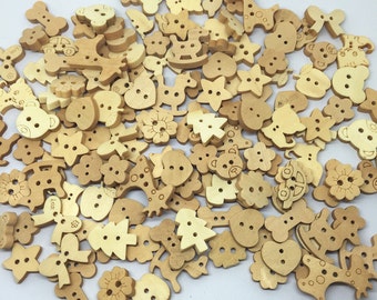 100pcs Mixed Shapes Cute Cartoon Wooden Buttons 2 holes Natural Sewing Scrapbooking Cardmaking 12MM-25MM/PC