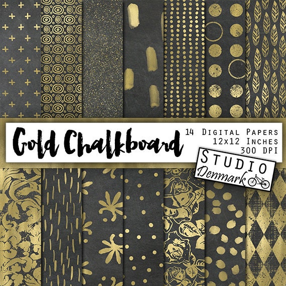 Gold Foil Chalkboard Digital Paper Painted / Doodle / Distressed