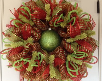 Items similar to Christmas Wreath geo mesh poly mesh red lime green on Etsy