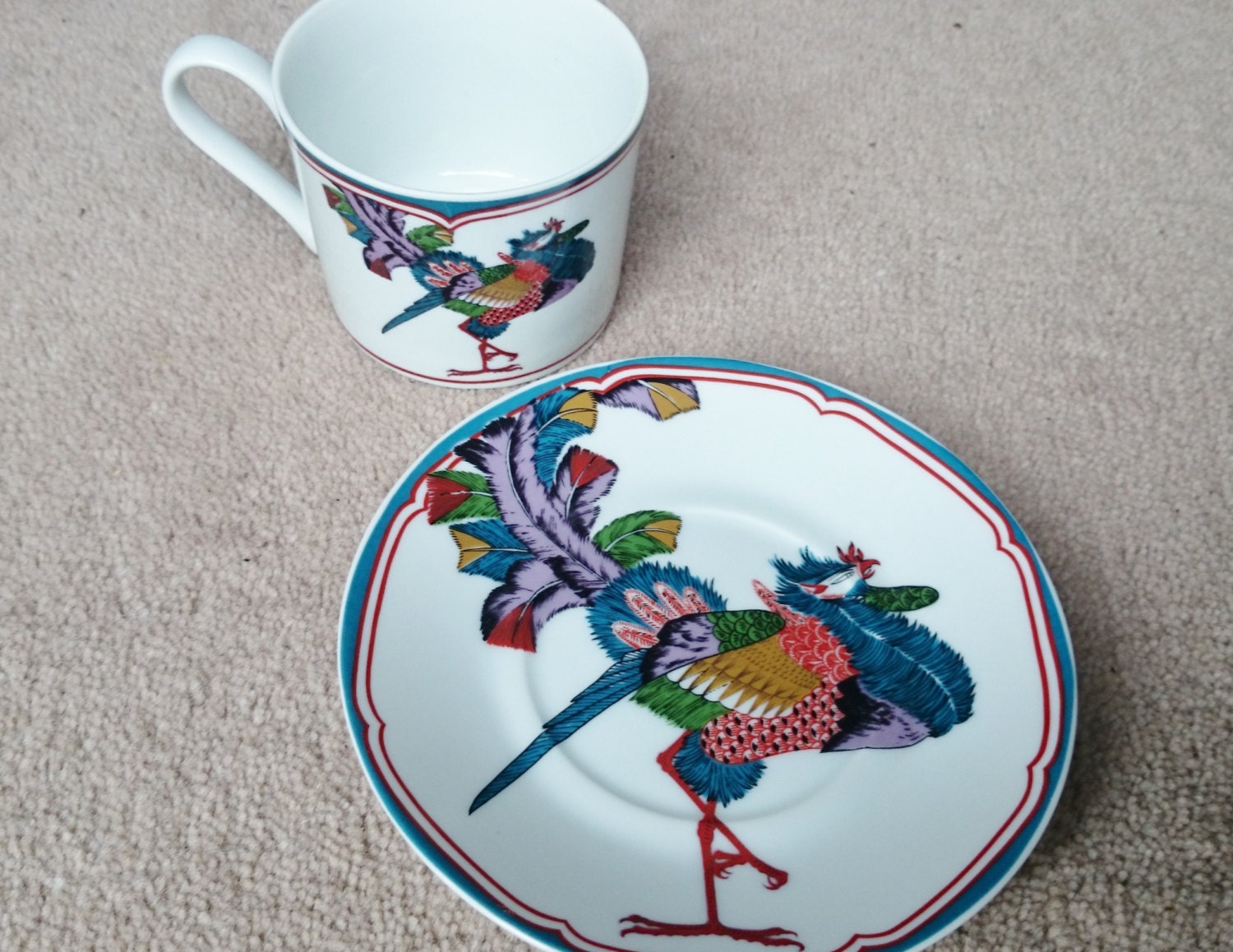 Rare ORIENTAL PEACOCK Pattern Cup and Saucer Set, Vintage Hand Painted