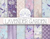 Flower digital paper: "LAVENDER GARDEN" with purple flowers, lavender digital paper, purple scrapbook paper, purple background, digital lace