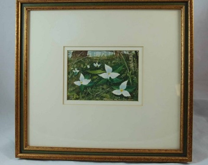 Storewide 25% Off SALE Original Florian K. Lawton Authentically Signed Watercolor of White Abstract Styled Flowers Titled 'Trillium', Framed