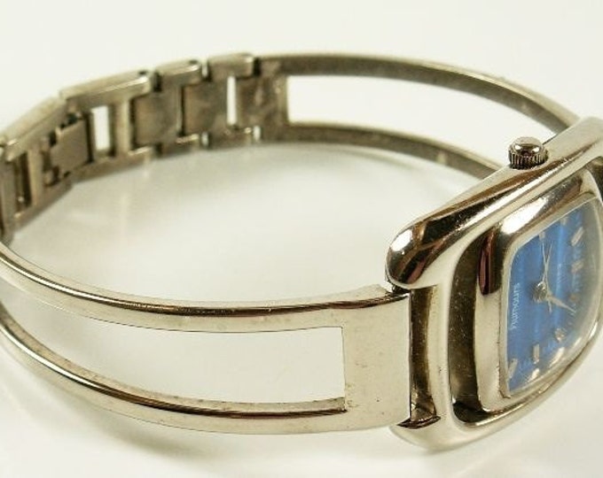 Storewide 25% Off SALE Vintage Ladies Rumours Quartz Silver Tone Watch Featuring Cobalt Blue Dial With Open Bracelet Style Band