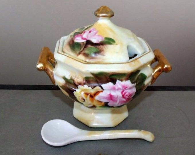 Storewide 25% Off SALE Vintage Double Handled Porcelain Lidded Condiment Jar With Matching Ladle Featuring Beautiful Hand Painted Floral Des