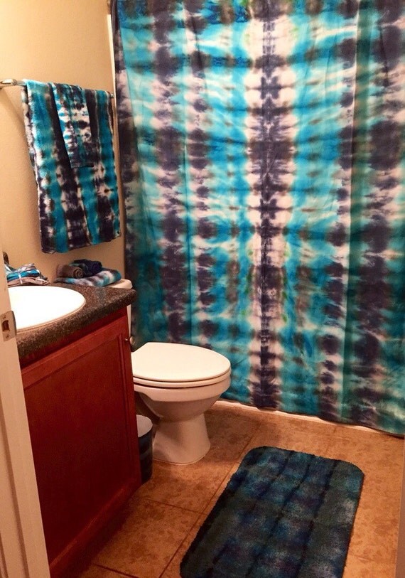 TIEDYE BATH SET Blue & Black Shower Curtain Rug Bath TIEDYE BATH SET Blue & Black Shower Curtain Rug Bath