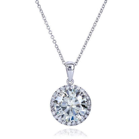 Round Moissanite and Diamond Necklace 3 1/3 Carat ctw in 14k