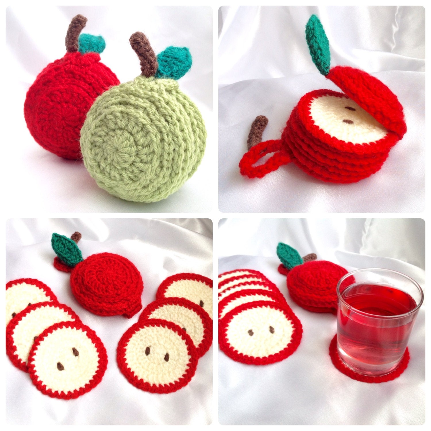 Sliced Apple Coaster Set Crochet PDF Pattern by HookedoPatterns