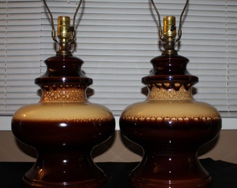 Pair of Mid Century Modern Drip Glaze Pottery Lamps - Vintage Pair of Large Signed Art Pottery Lamp Bases - 1970's Home Decor