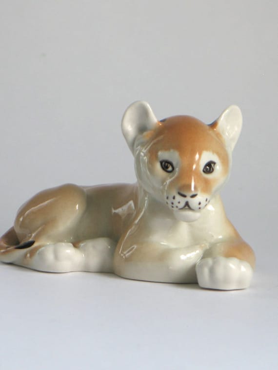 Vintage Lomonosov Porcelain Lion Cub Laying