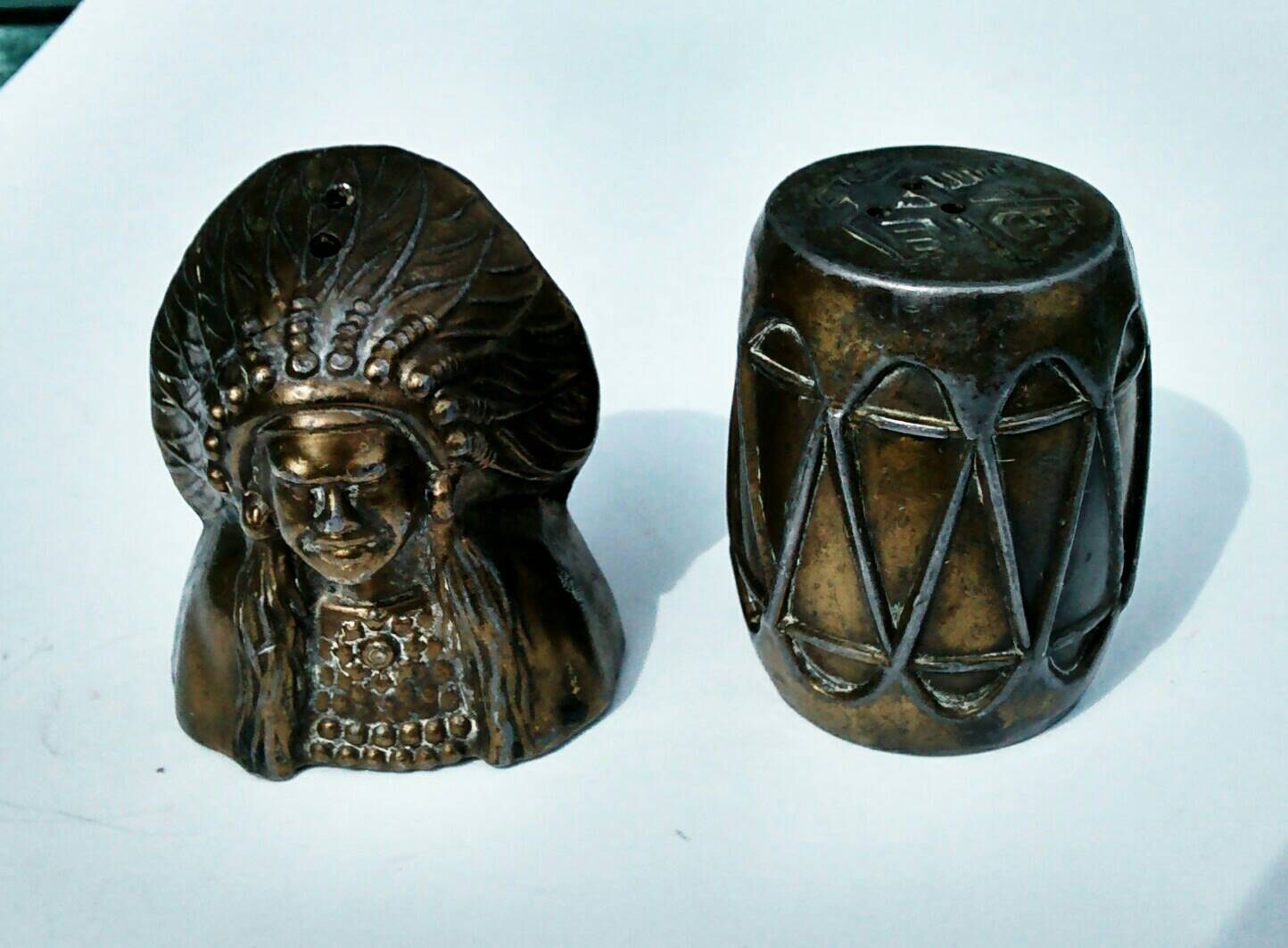 Vintage Indian Head and Drum salt and pepper shakers. Haute Juice