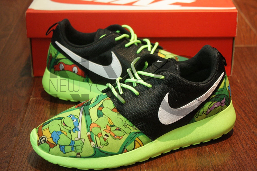 Nike Roshe Run Black Flash Lime Ninja Turtle Cartoon Print V5