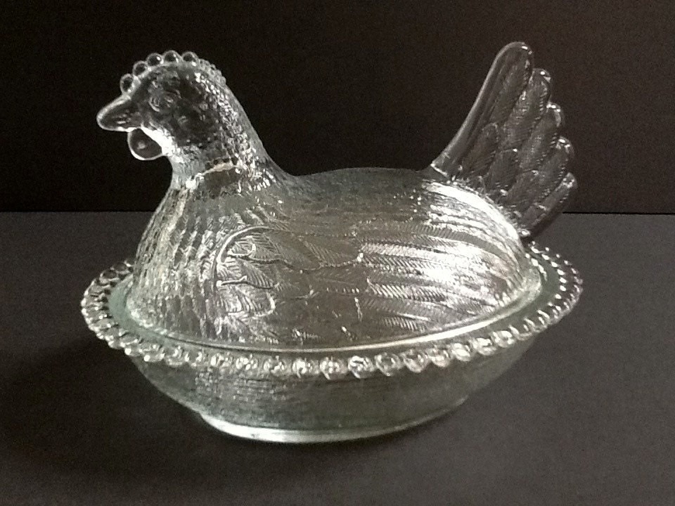 Indiana Glass Nesting Hen Covered Dish with Beaded Rim Clear