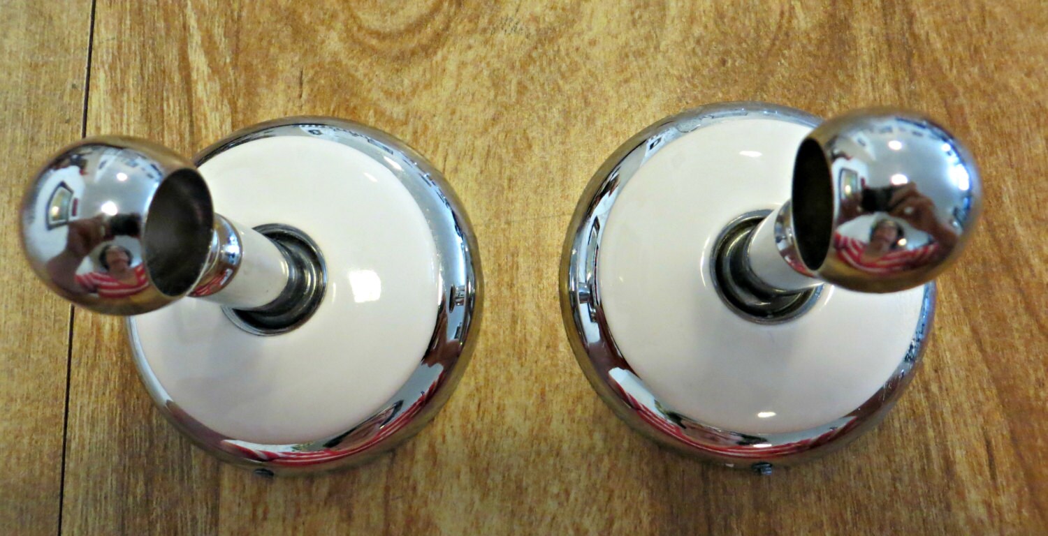 Vintage Pair Towel Bar Holder Brackets Chrome and Porcelain