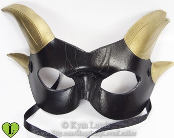 Black and Gold Dragon Mask with Broken Horn, Dragon Domino Mask, Leather Masquerade Dragon, Carved Horn Mask, Small Dragon Mask