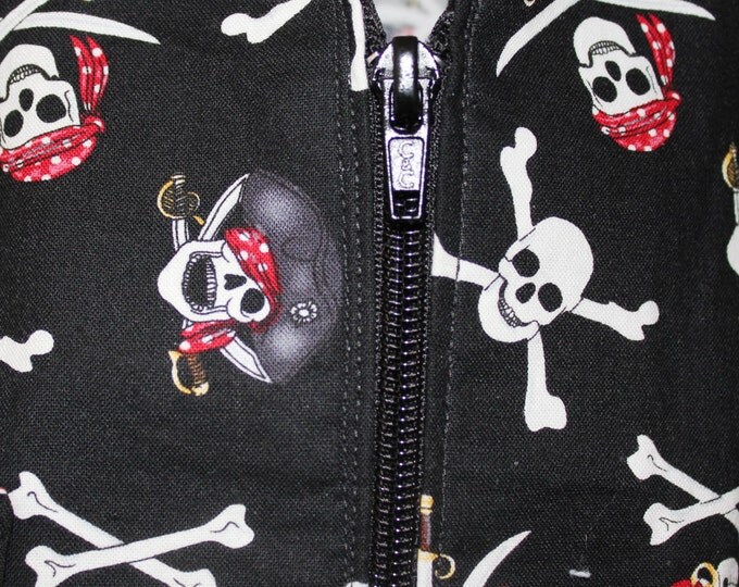 HALF PRICE ** Boys size Small Pirate Birthday Zip Front Shirt. Chest pocket. Crossbones and skulls on black background.
