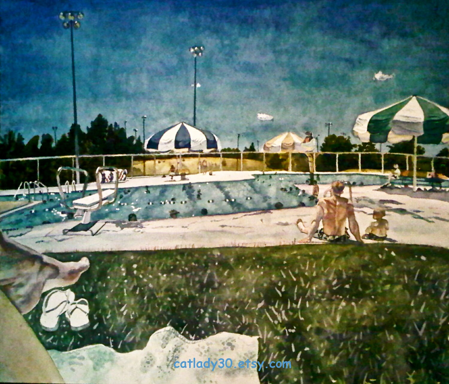 Framed Original swimming pool watercolor by CatladyWatercolors